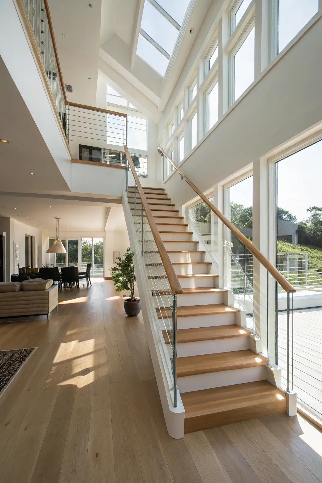 Open staircases amplify the modern aesthetic through their minimalist construction.