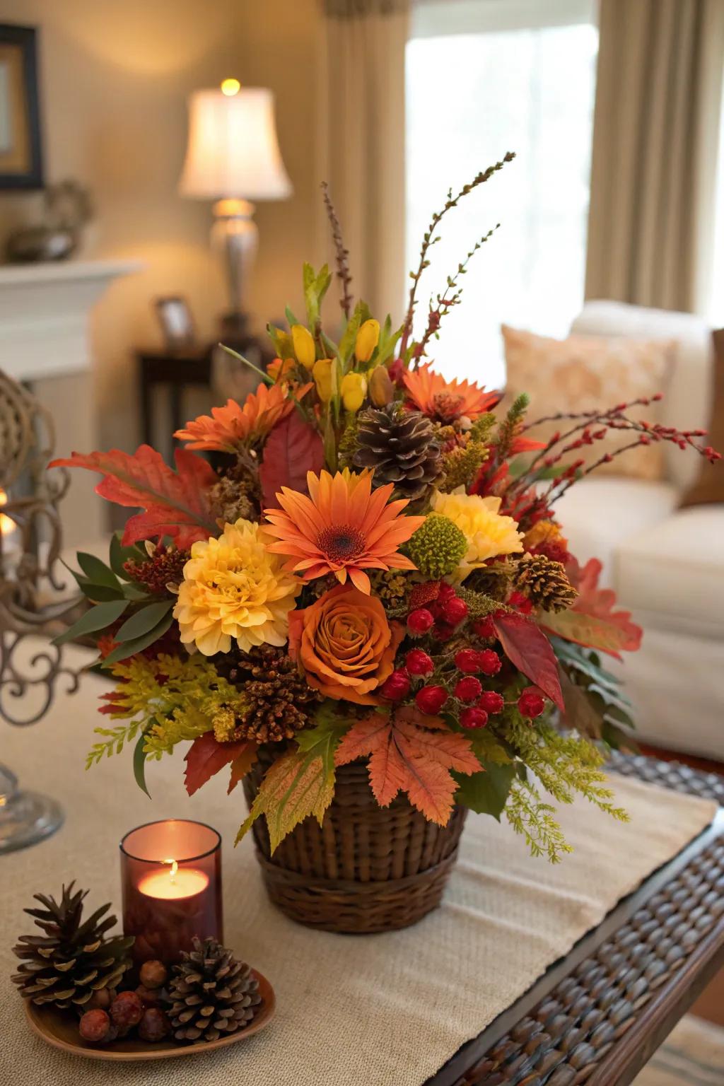 A seasonal floral centerpiece with autumn colors on a table.