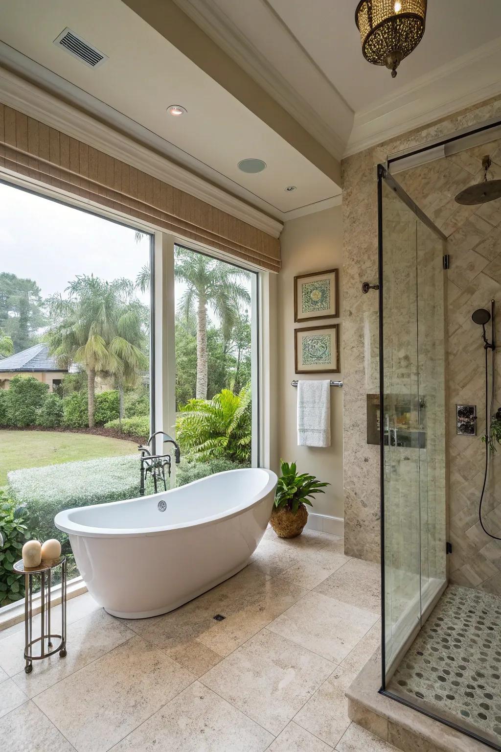 A spa-like sanctuary complete with a standalone tub and rain shower.