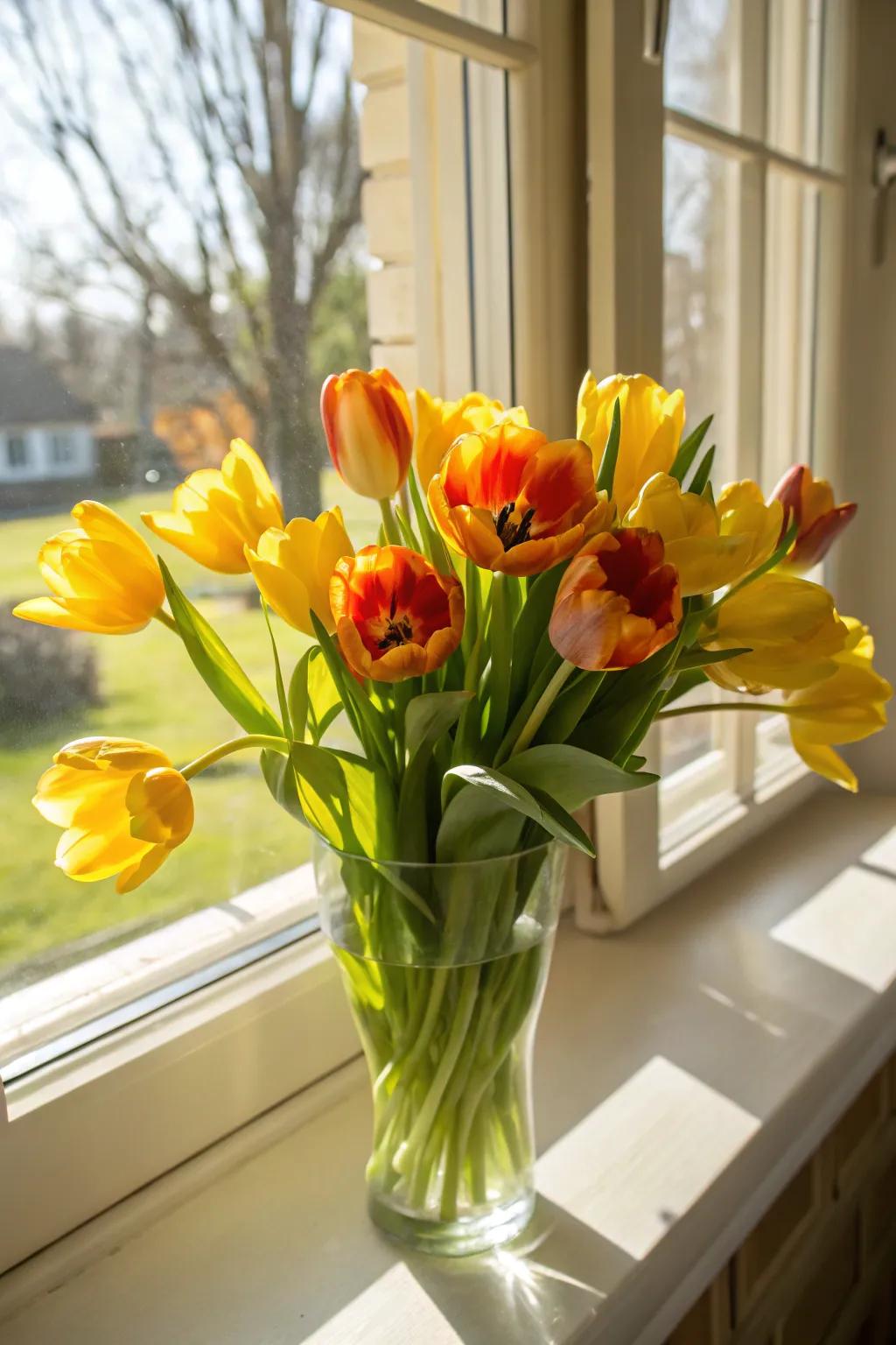A cheerful tulip arrangement equipped to boost any setting.