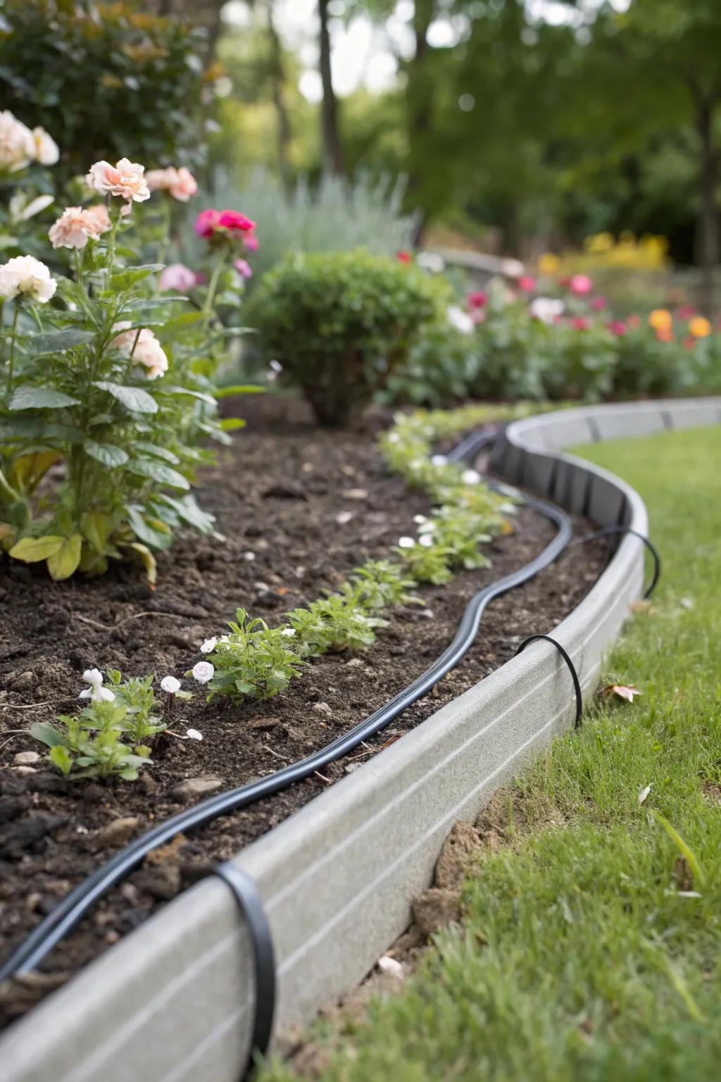Polymer trim provides flexibility for delicate, curved flower bed boundaries.