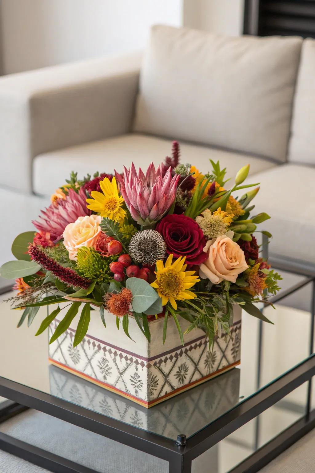 An original boxed flower arrangement that provides an elegant birthday surprise.