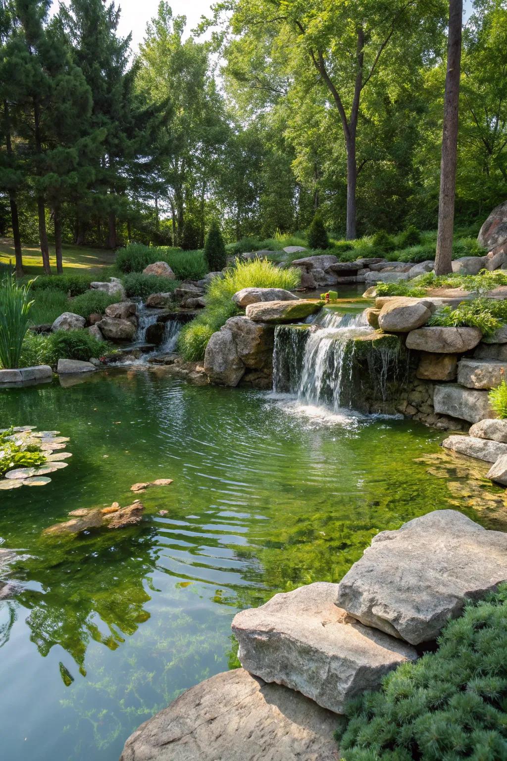 A serene water accent enhancing the garden's innate charm.