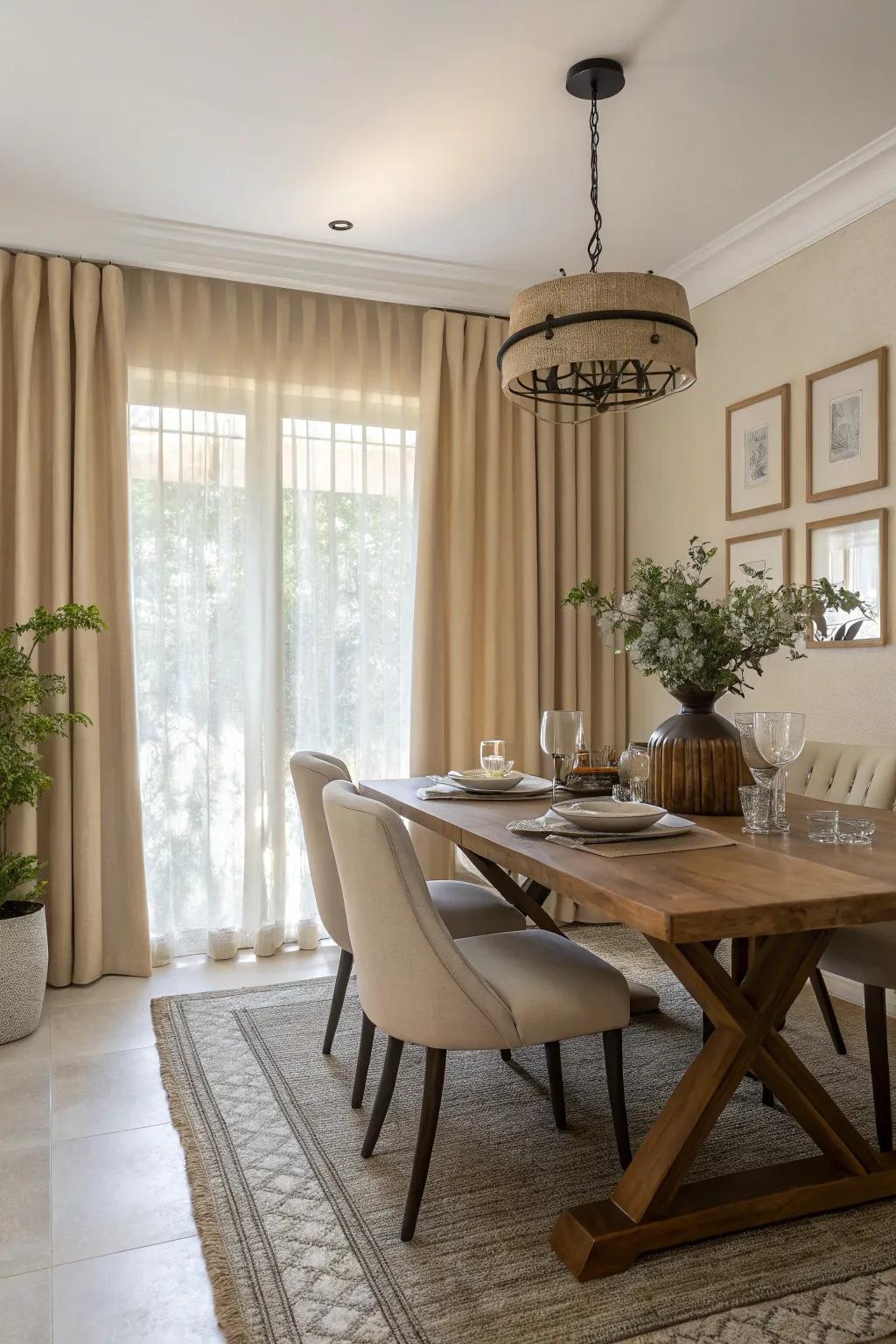 Neutral beige curtains establish a classic and sophisticated dining ambiance.