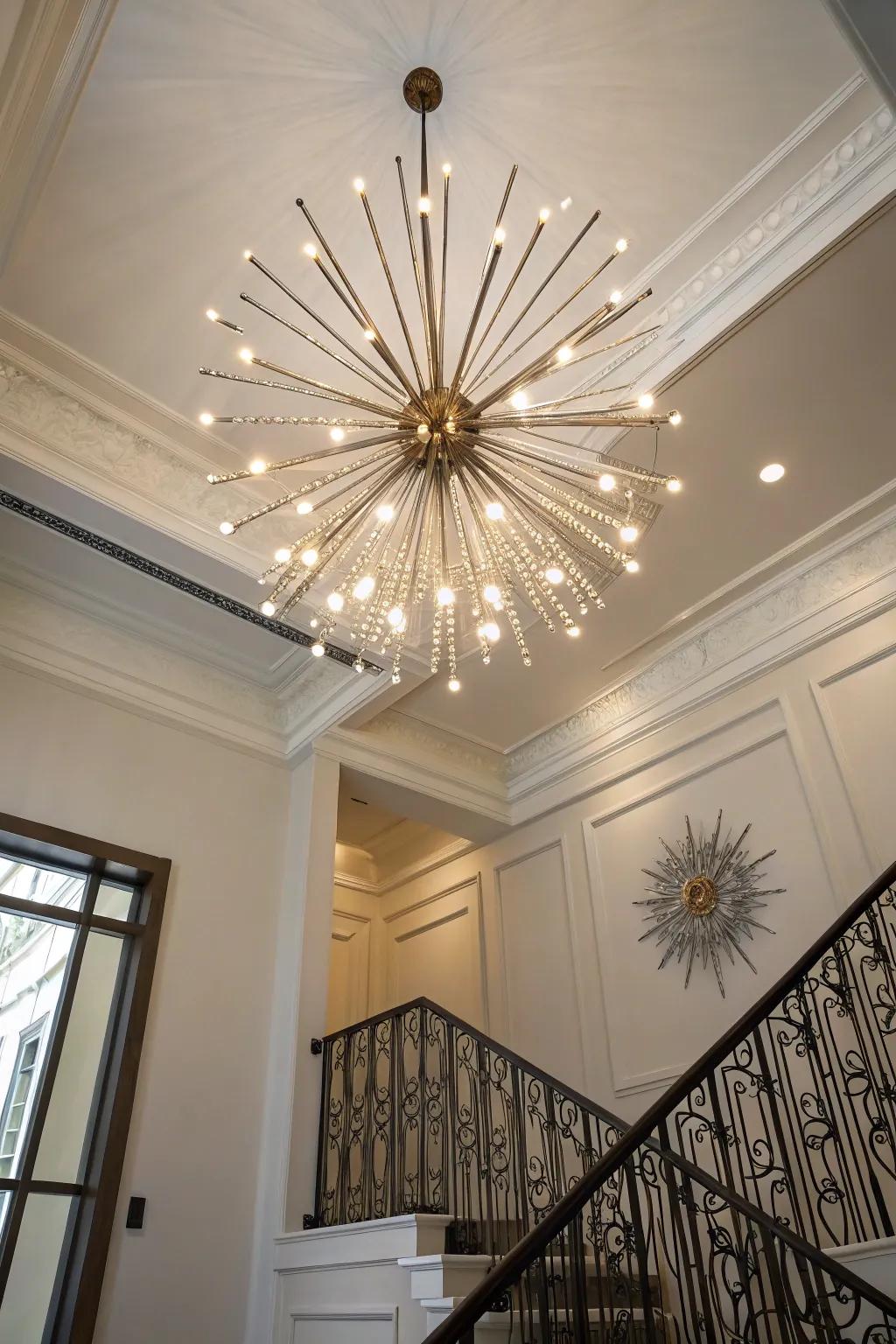 A satellite chandelier delivers a vibrant, artistic element in this entryway.