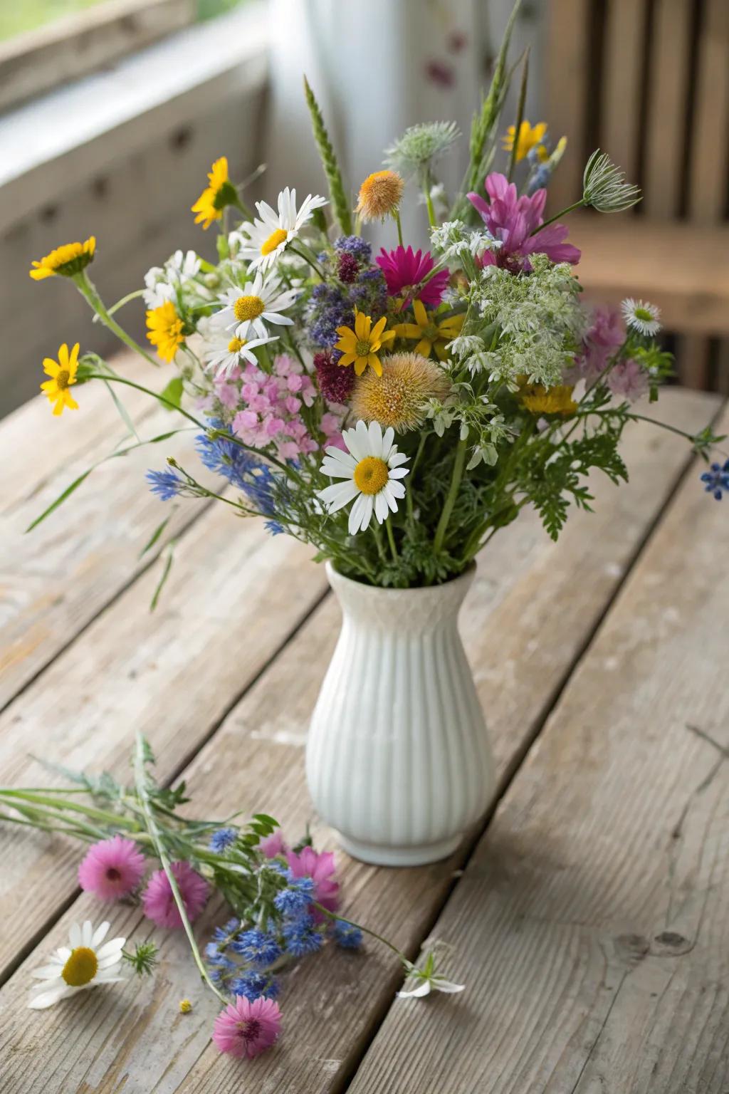 A vase filled with wildflowers bringing a bit of nature into the home.