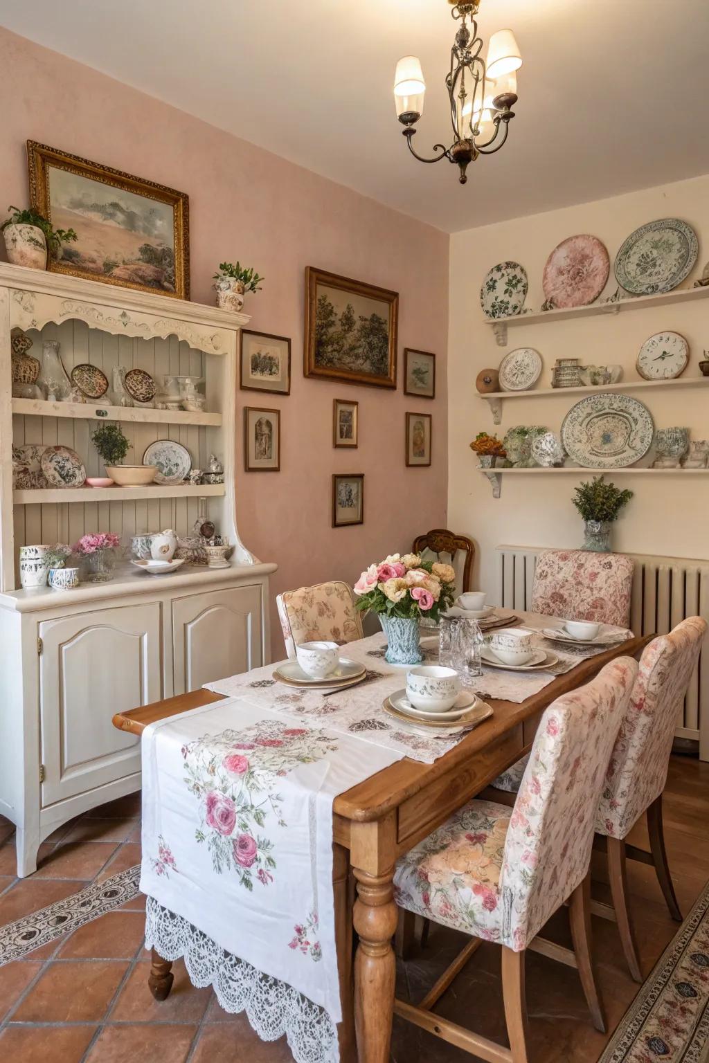 Delicate shades craft a peaceful and inviting dining area.