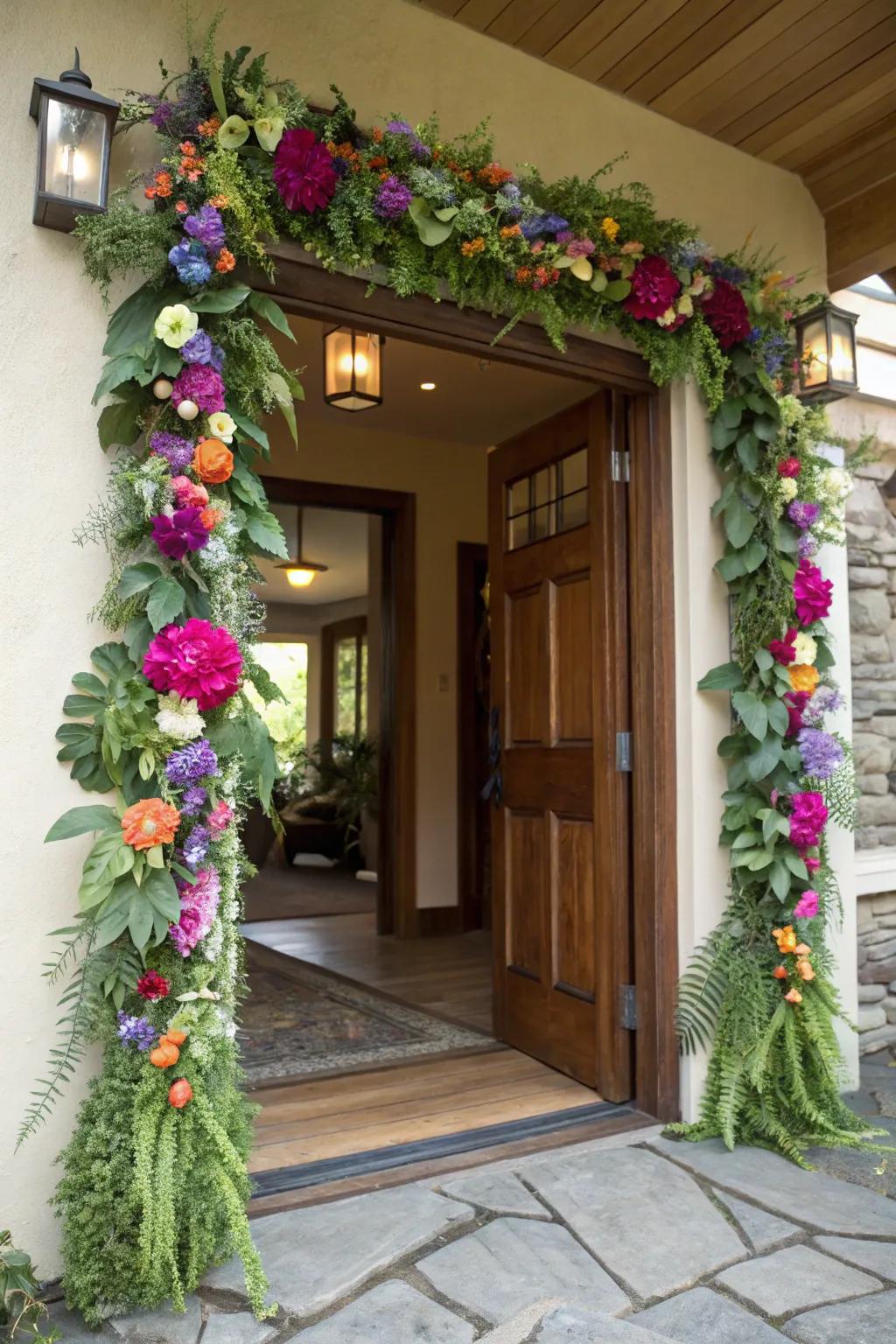 Incorporate a flowering aspect to your garland for a vibrant and enduring presentation.