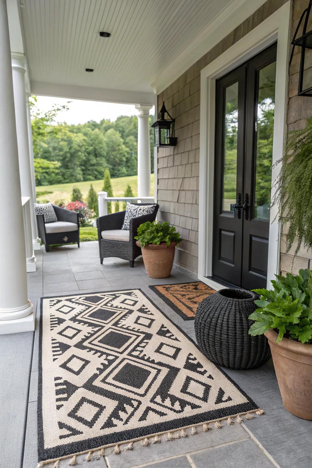 A bold-patterned doormat featuring geometric designs.