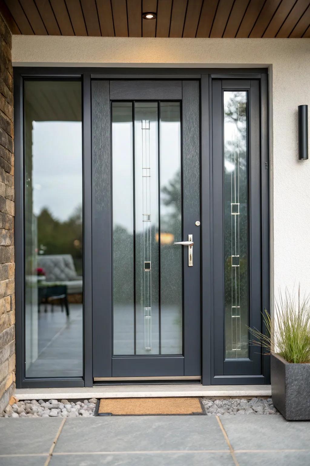 A front door with colored glass that provides privacy and a modern look.