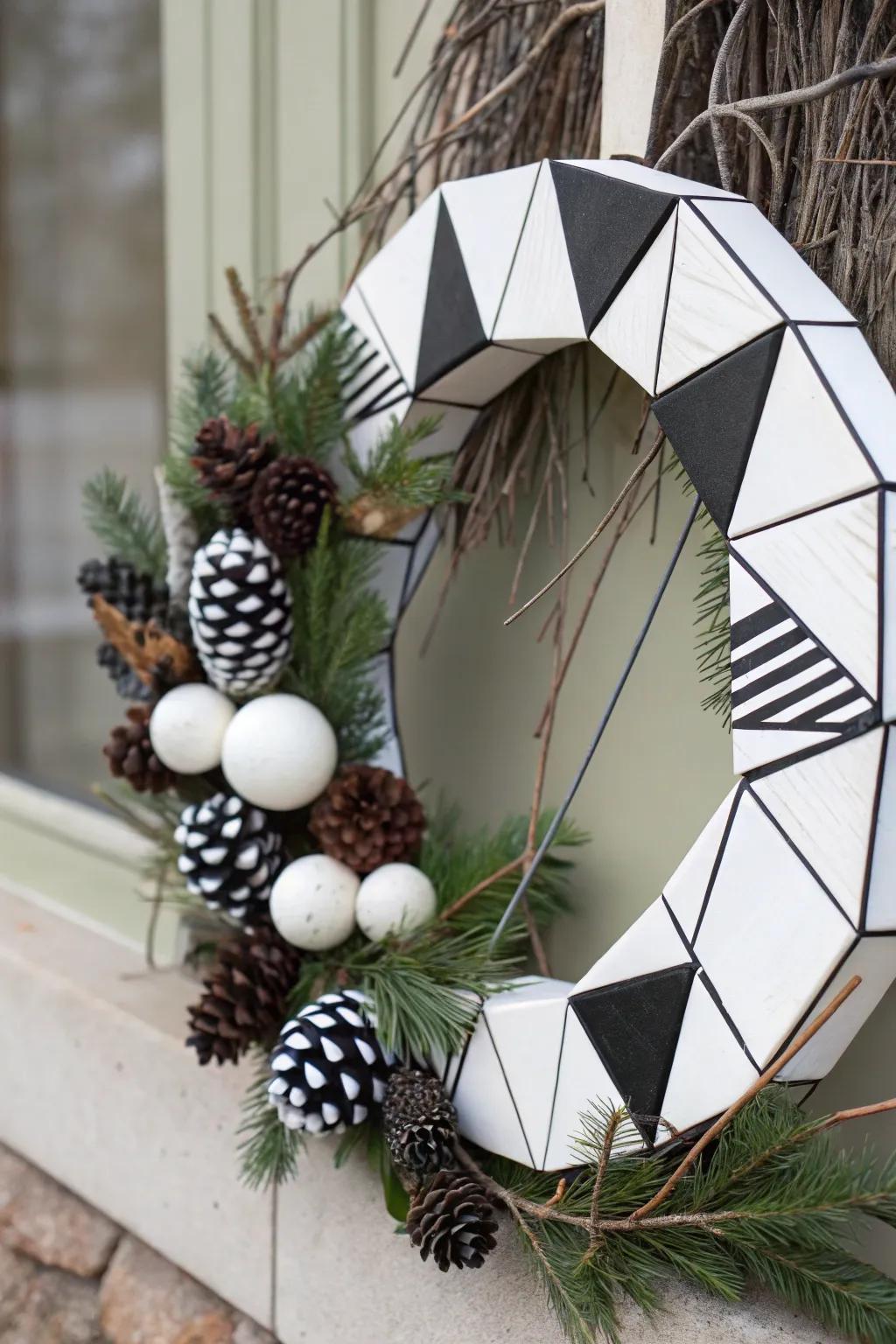 A minimalist wreath, an ode to sleek sophistication and quiet beauty.
