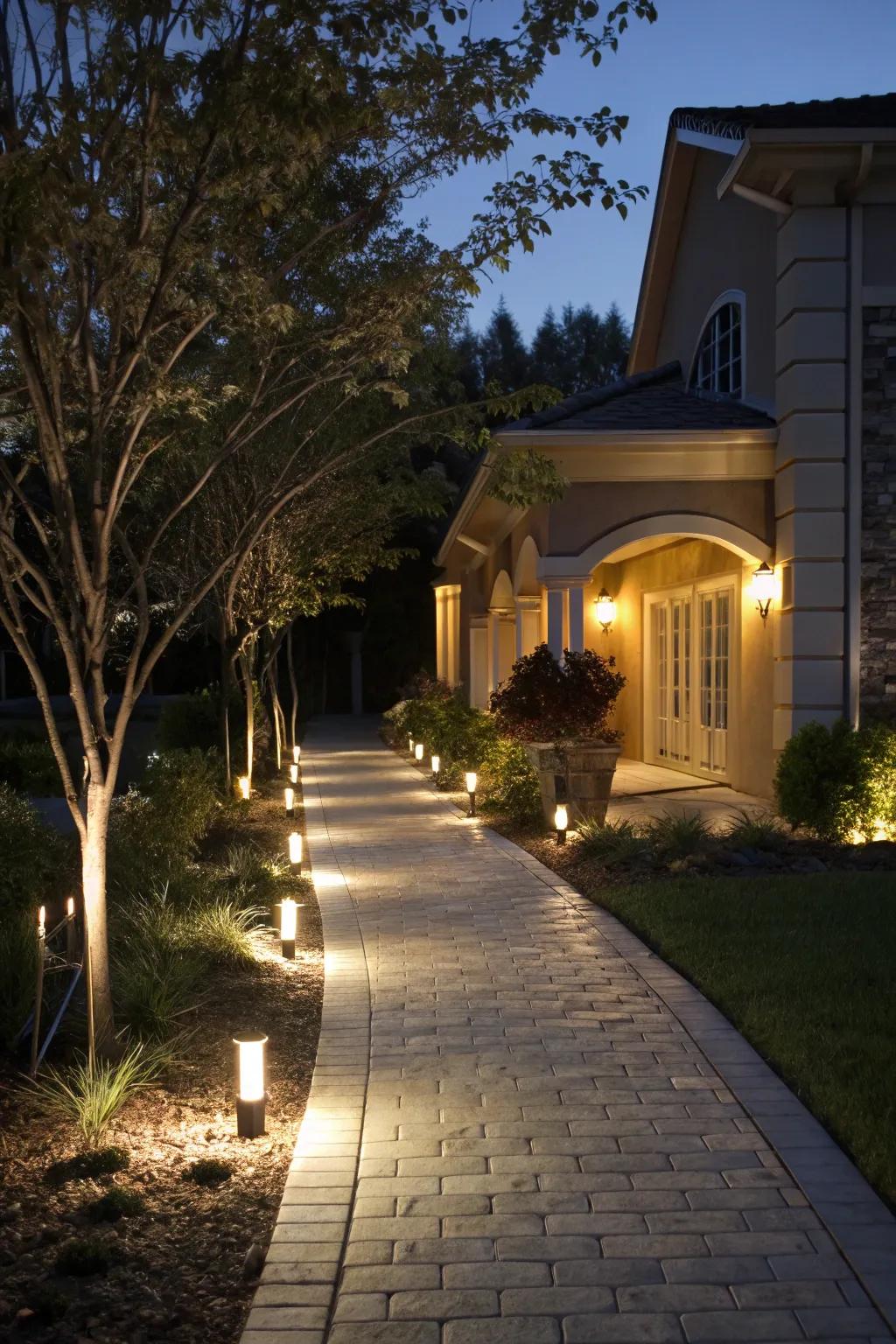 A beautifully illuminated walkway creating a cozy atmosphere at night.