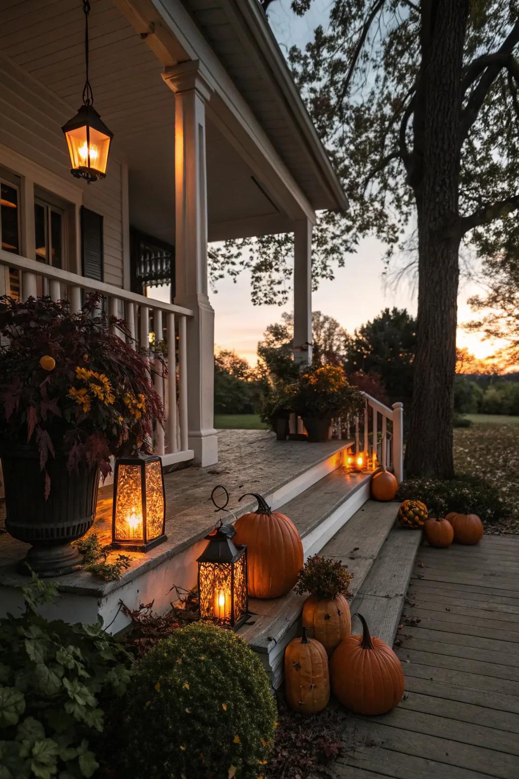 Lamps add a cozy glow to evening porch exhibits.