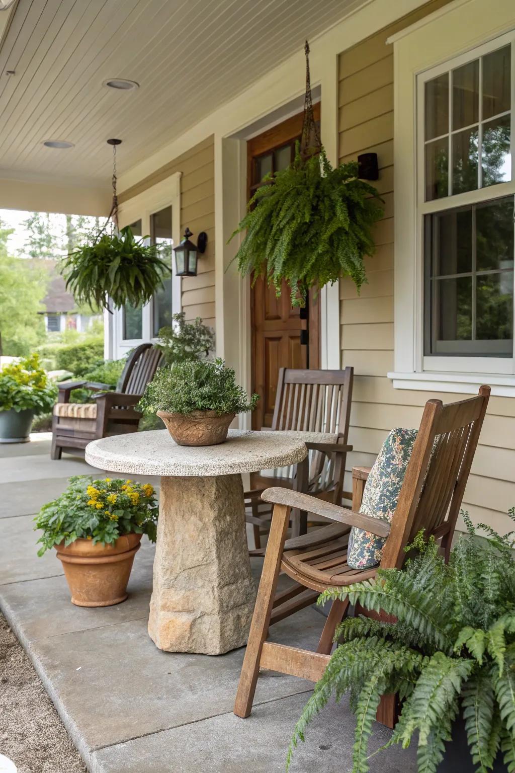 Radiate refinement onto your porch with an inherent stone table.