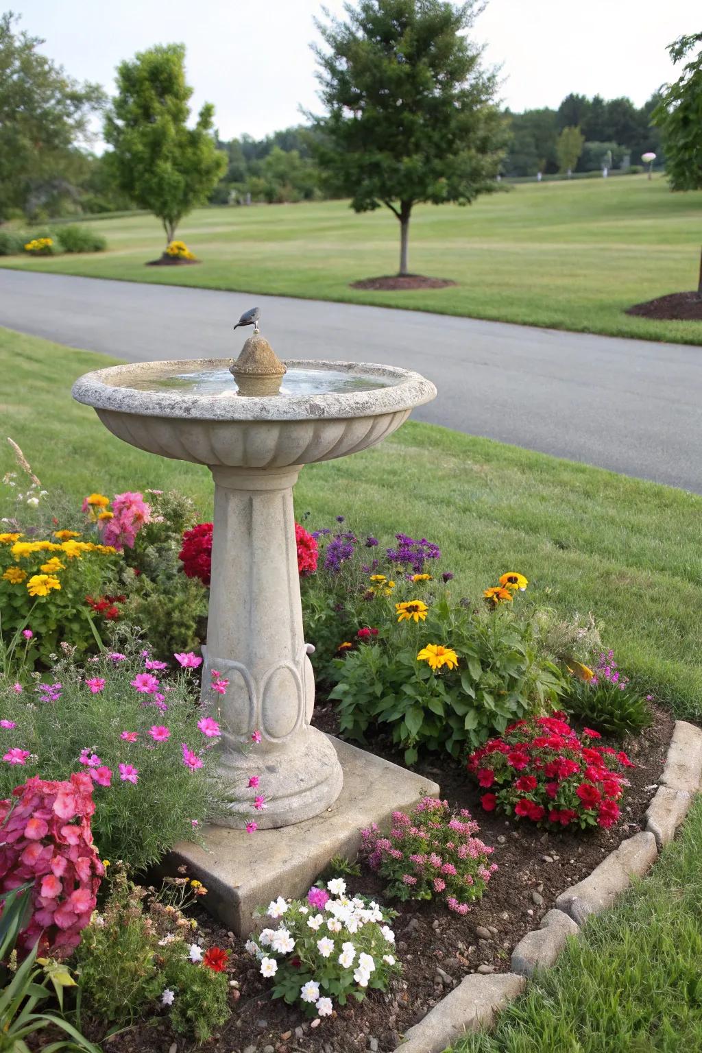 A bird bath nestled within a vibrant nook garden.