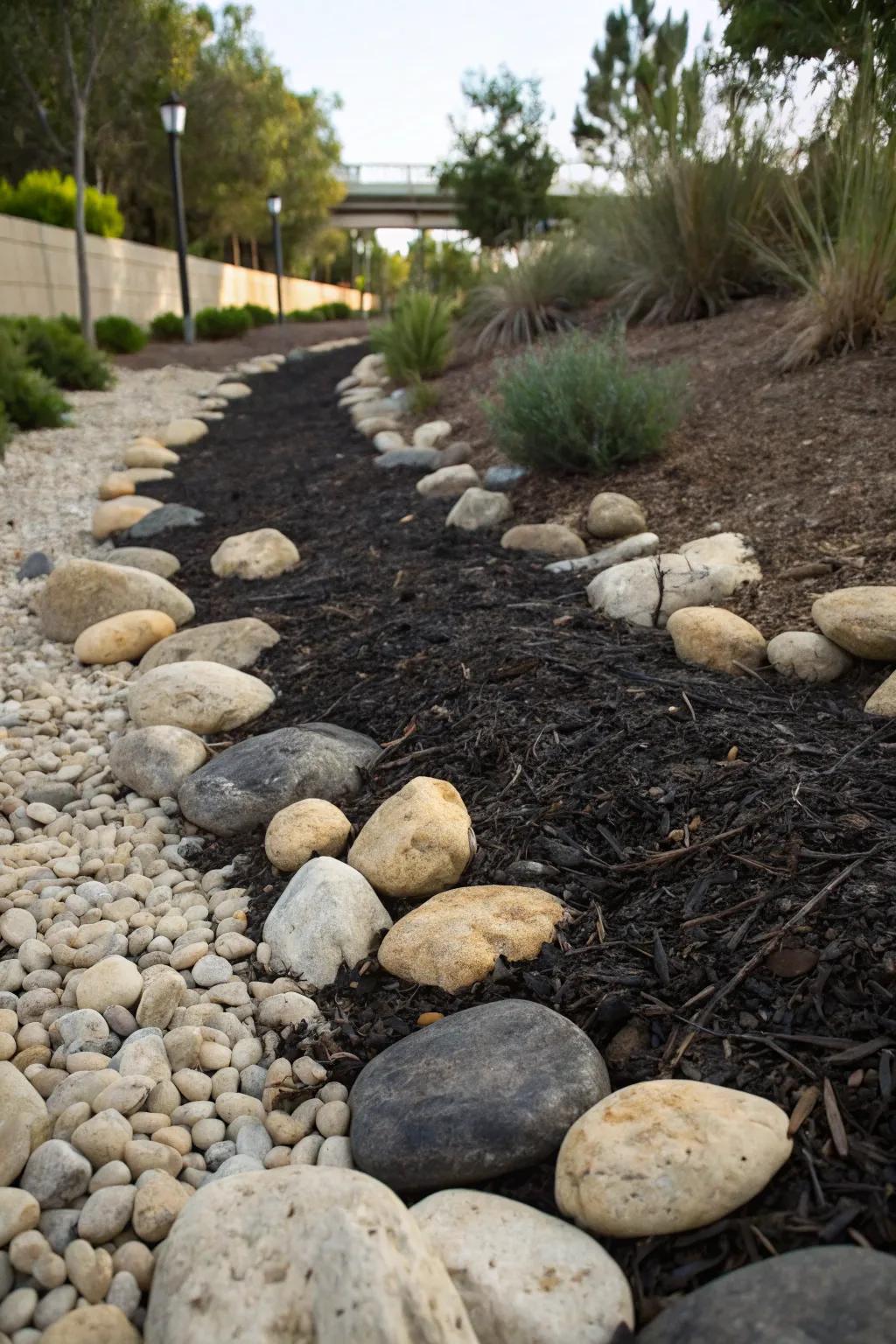 Contrast stones with dark bark chips for an impactful stream bed design.