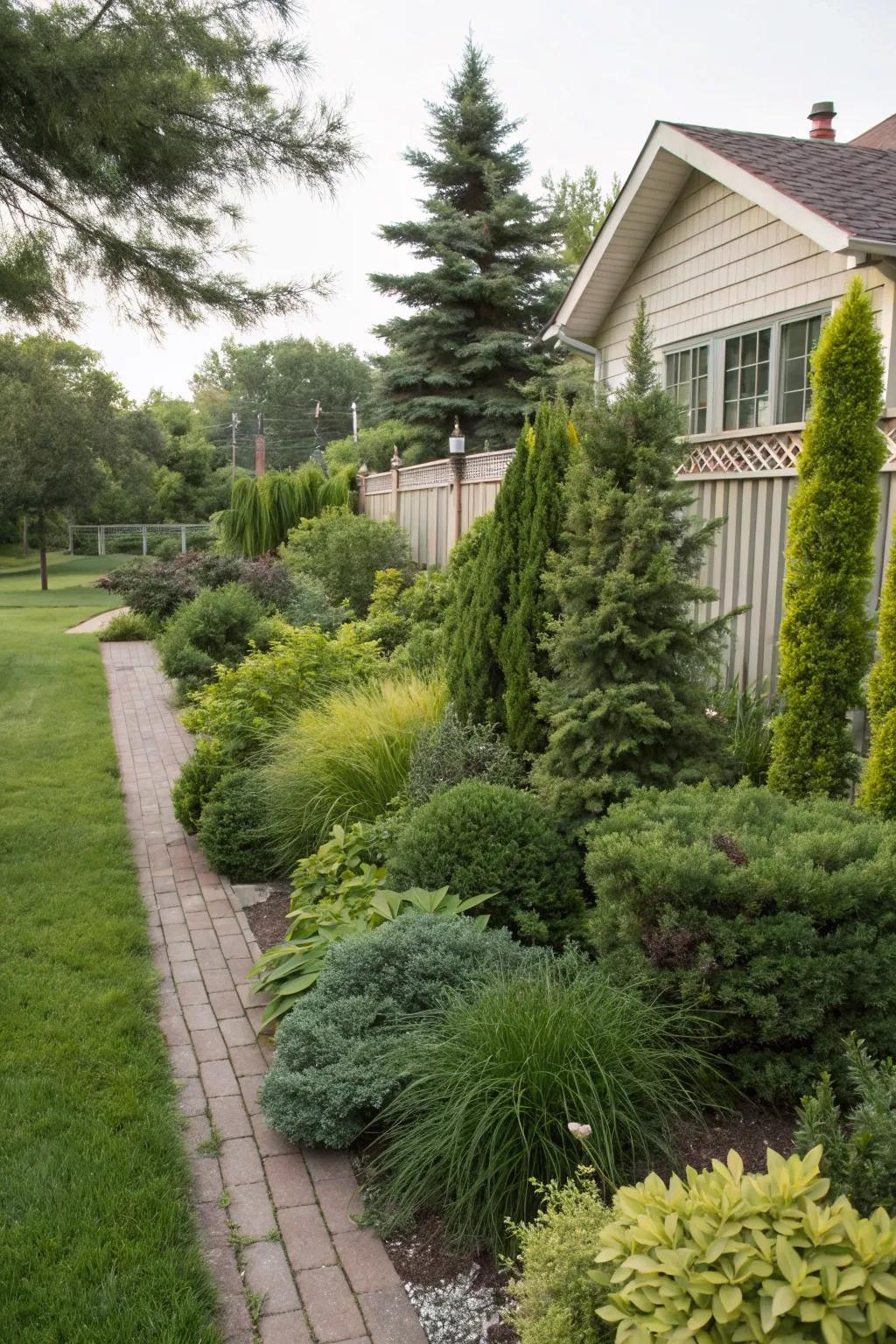 The landscape gains depth and dimension from layered evergreens.