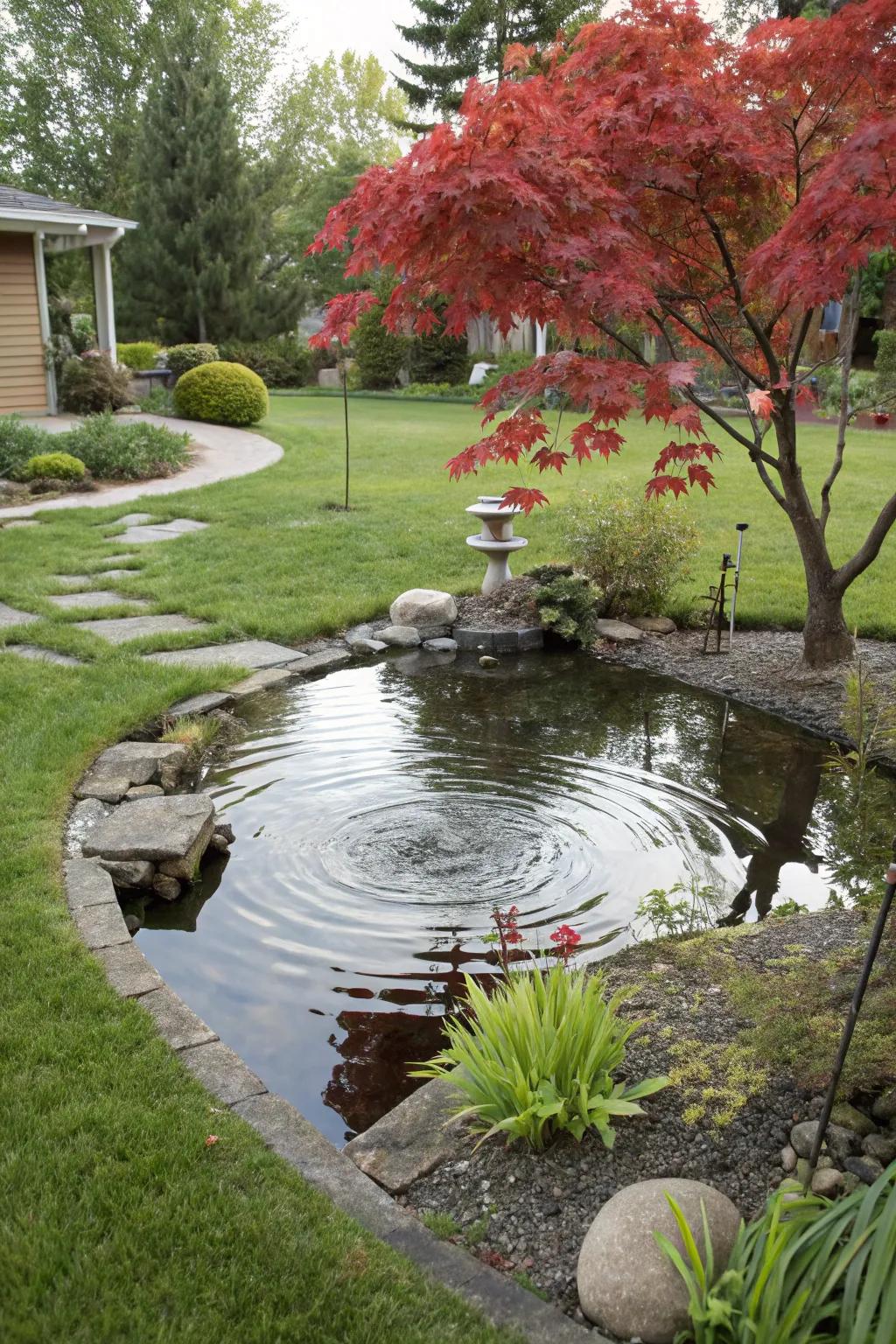 A serene pool enriches the tranquil splendor of the Japanese maple in this front yard.