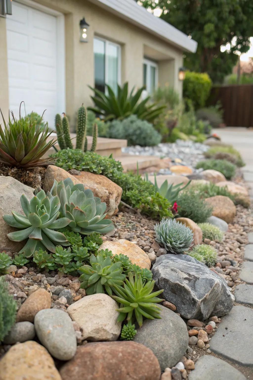 A rock garden showcasing succulents and stones, resulting in a low-maintenance landscape.