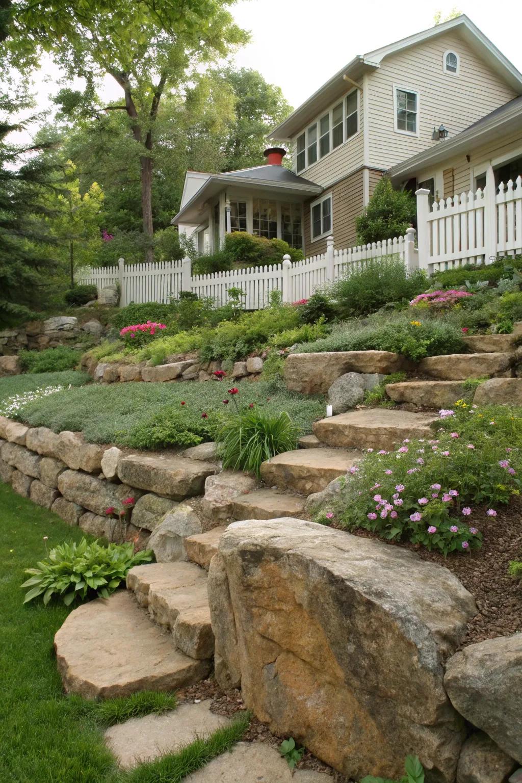 Bring dimension to your garden by creating terraced areas that use large stones.