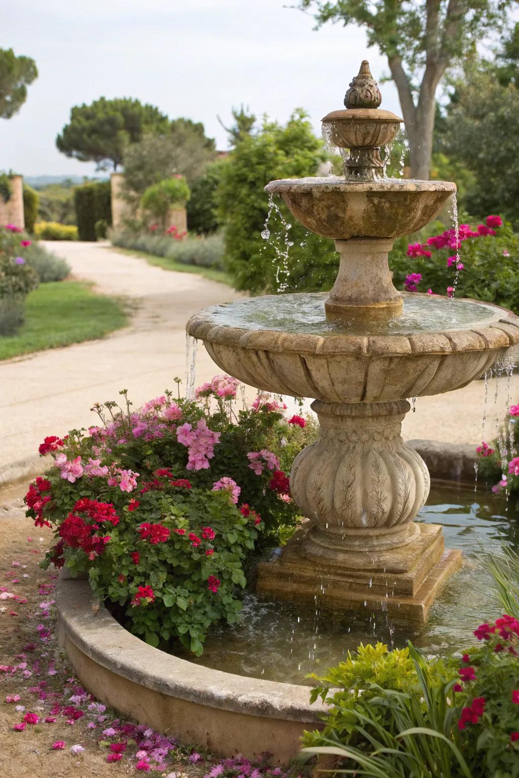 A charming fountain introduces a peaceful element to this garden, reminiscent of the Mediterranean.