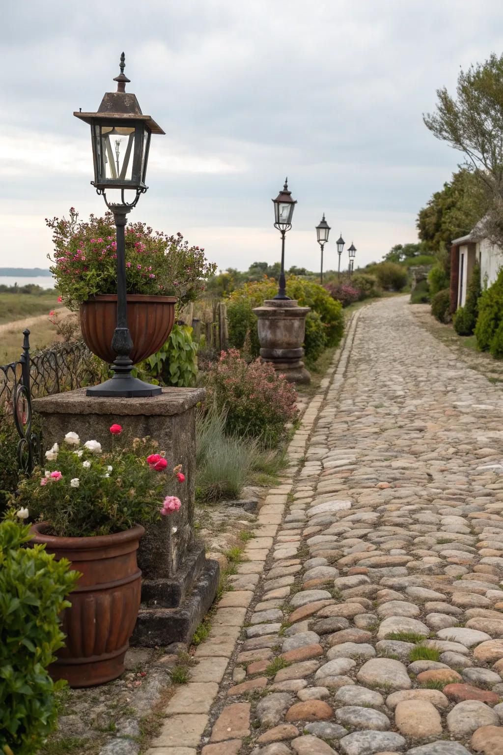 Cobblestone pavers call forth sentiments of heritage and quaint allure.
