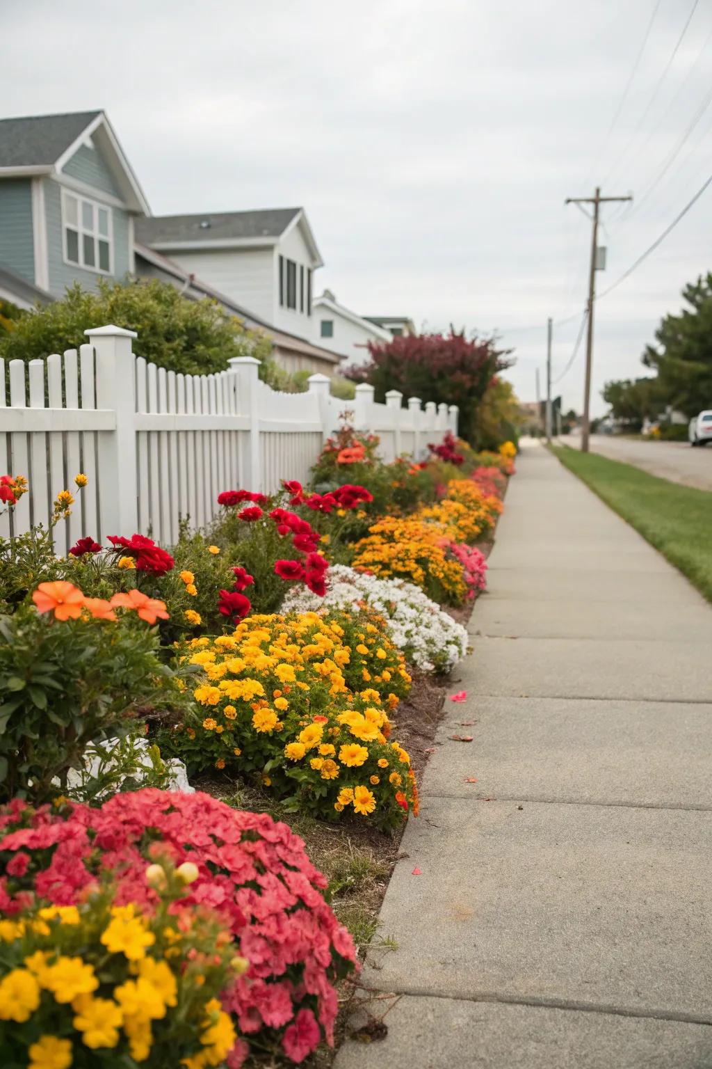 Flower beds add color and charm to the front yard sidewalk.