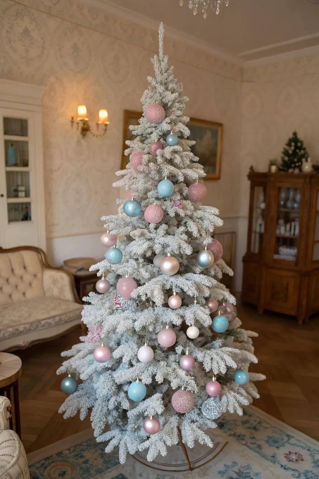 Pale colors bring an old-fashioned appeal to this frosted Christmas tree.