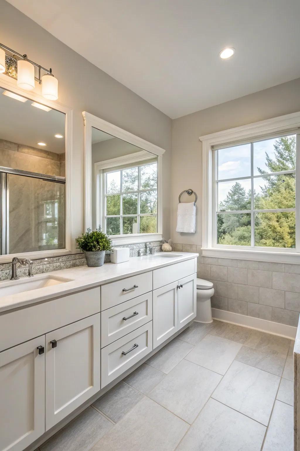 A serene bathroom setting featuring a subdued palette designed to elicit a calming atmosphere.