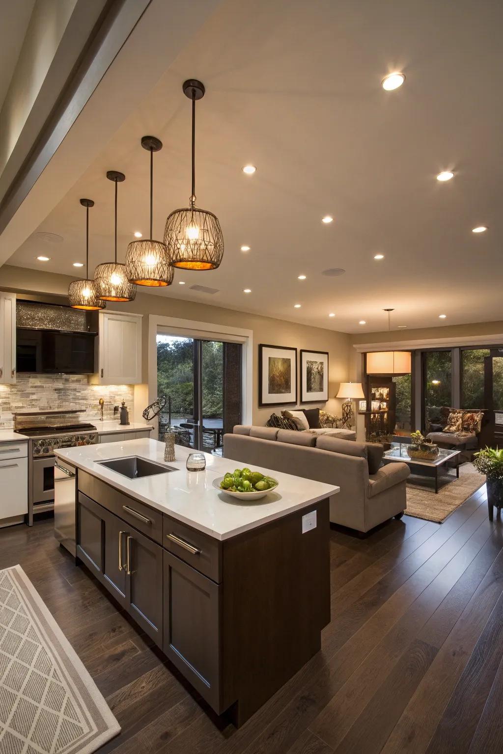 Smart lighting highlights separate areas while maintaining a harmonious feel.