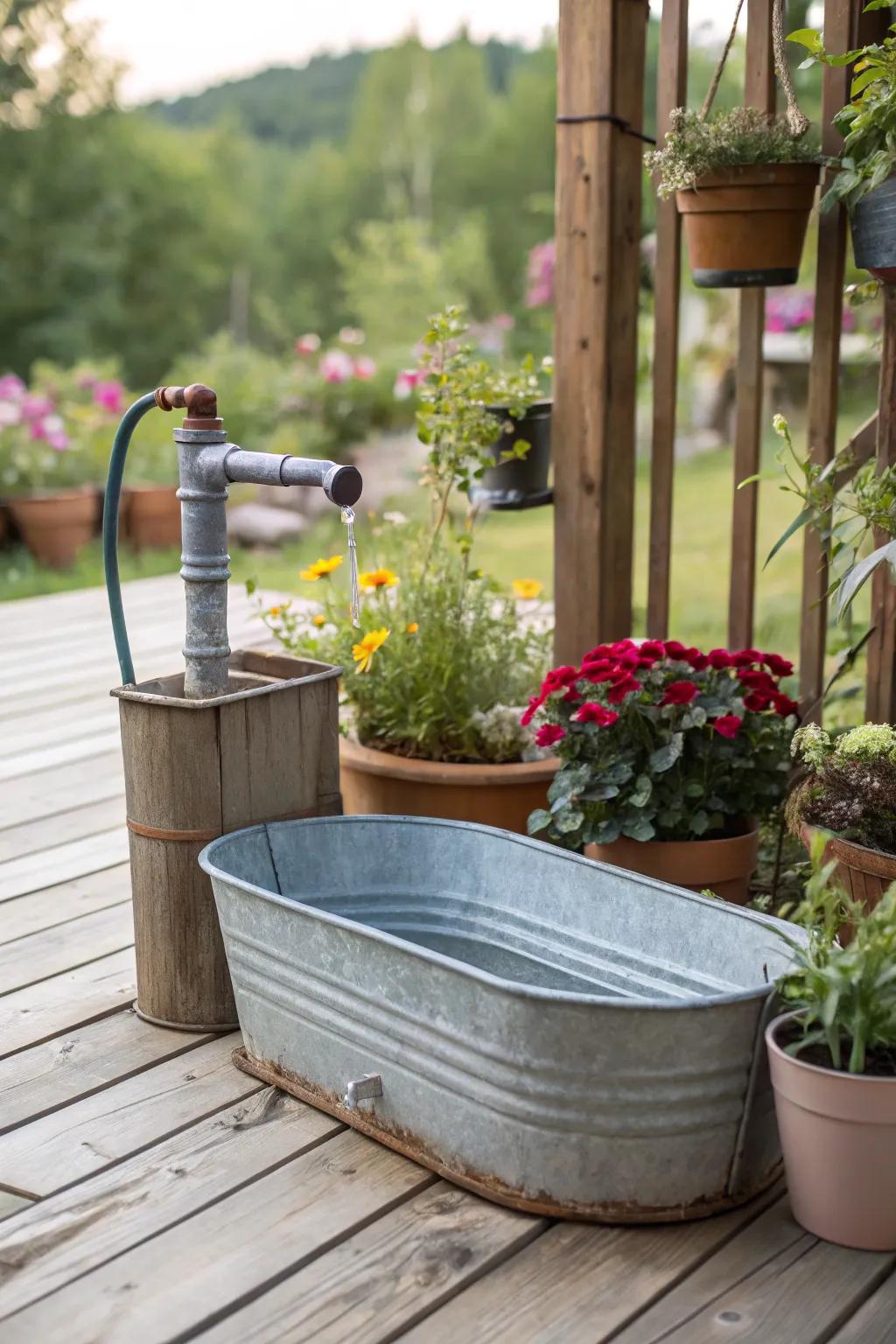 An attractive patio water accent featuring a weathered basin and spout.