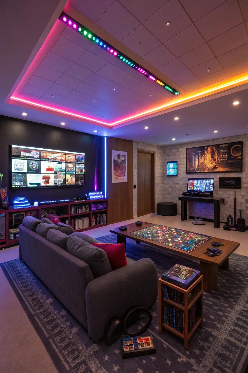 Dynamic lighting setting a lively mood in a vibrant game room.