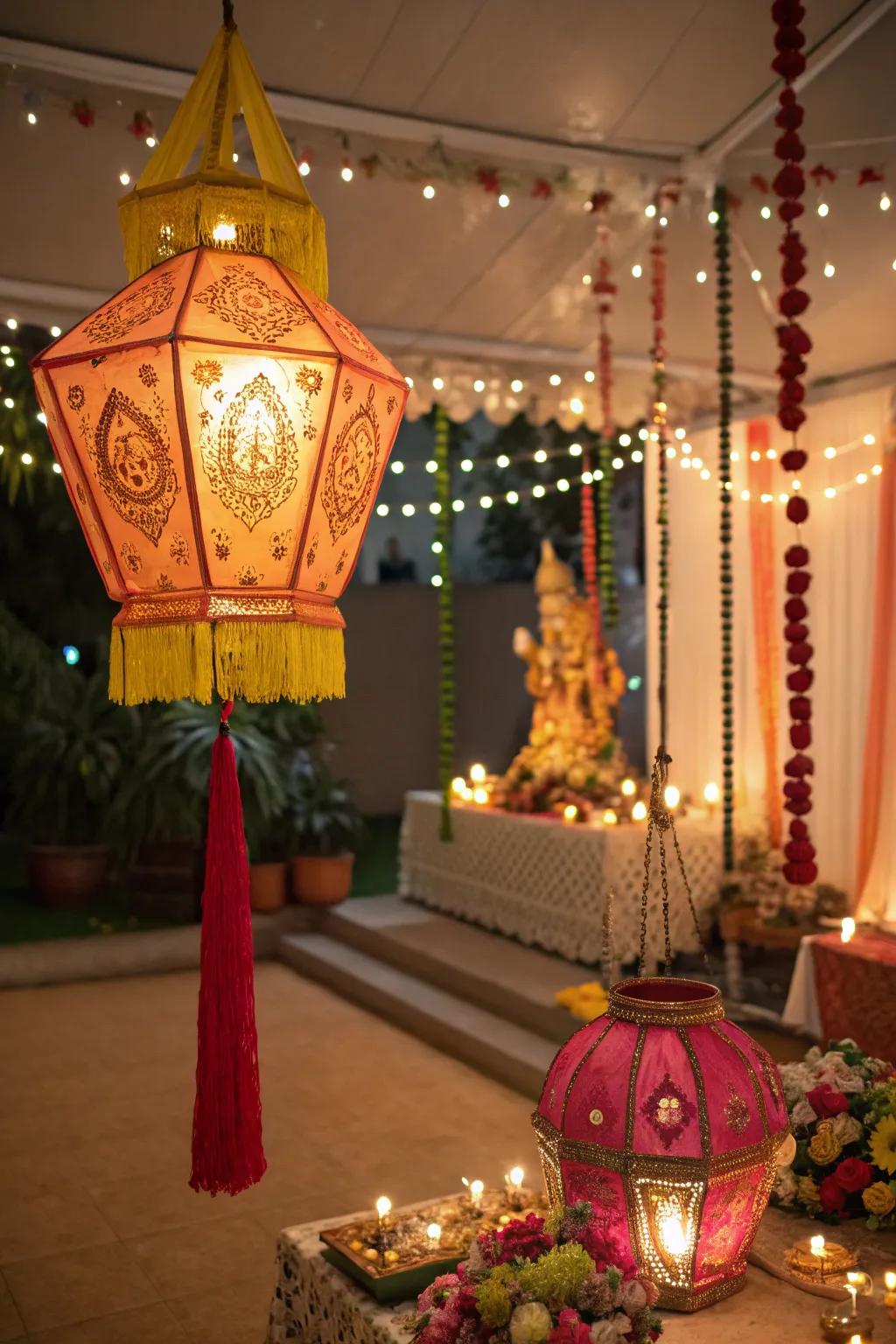 Lanterns and twinkle lights emitting a toasty and welcoming radiance for the Ganesh Chaturthi rituals.