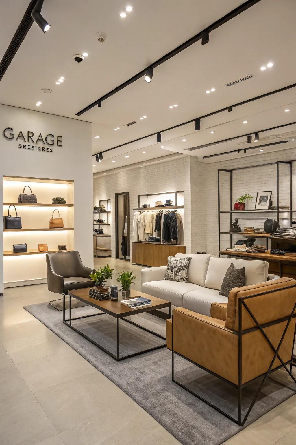 Garage boutique that showcases a modern design sense featuring muted colors and simple furniture.
