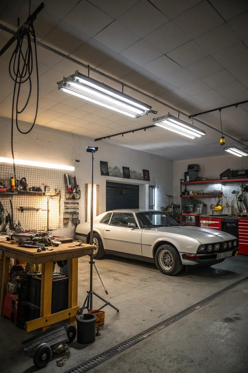 Strategic lighting can change a dim garage into a radiant, inviting area.