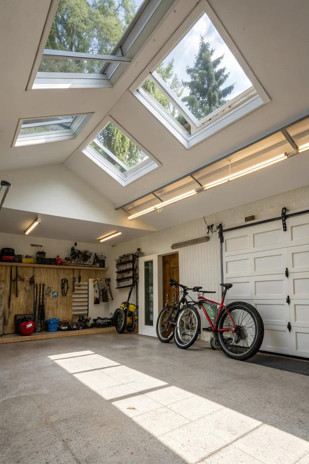 A sun-kissed garage interior with carefully placed skylights.