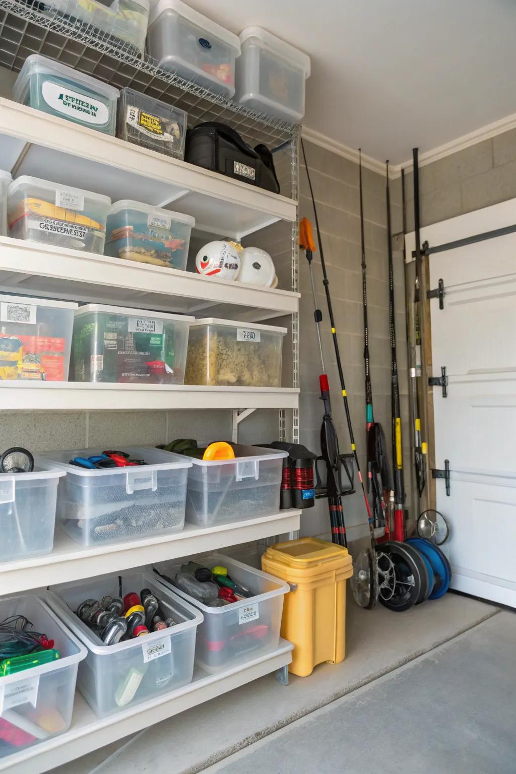 See-through containers make it easy to find your fishing equipment in a busy garage.
