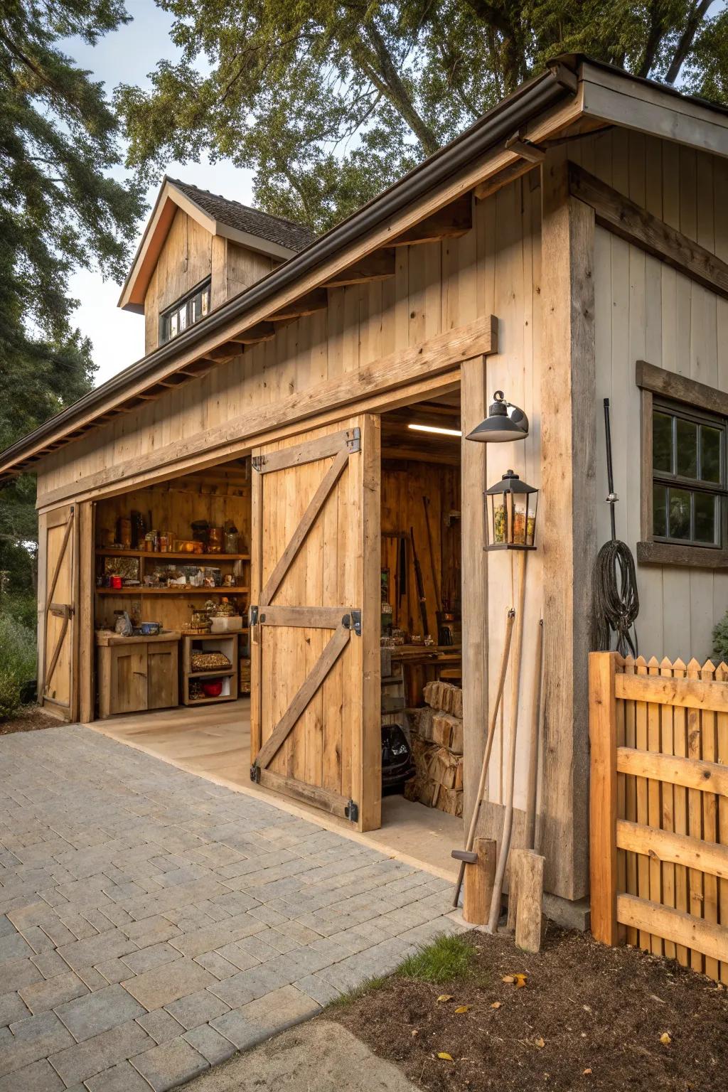 A charming countryside barn-style garage with wooden elements.