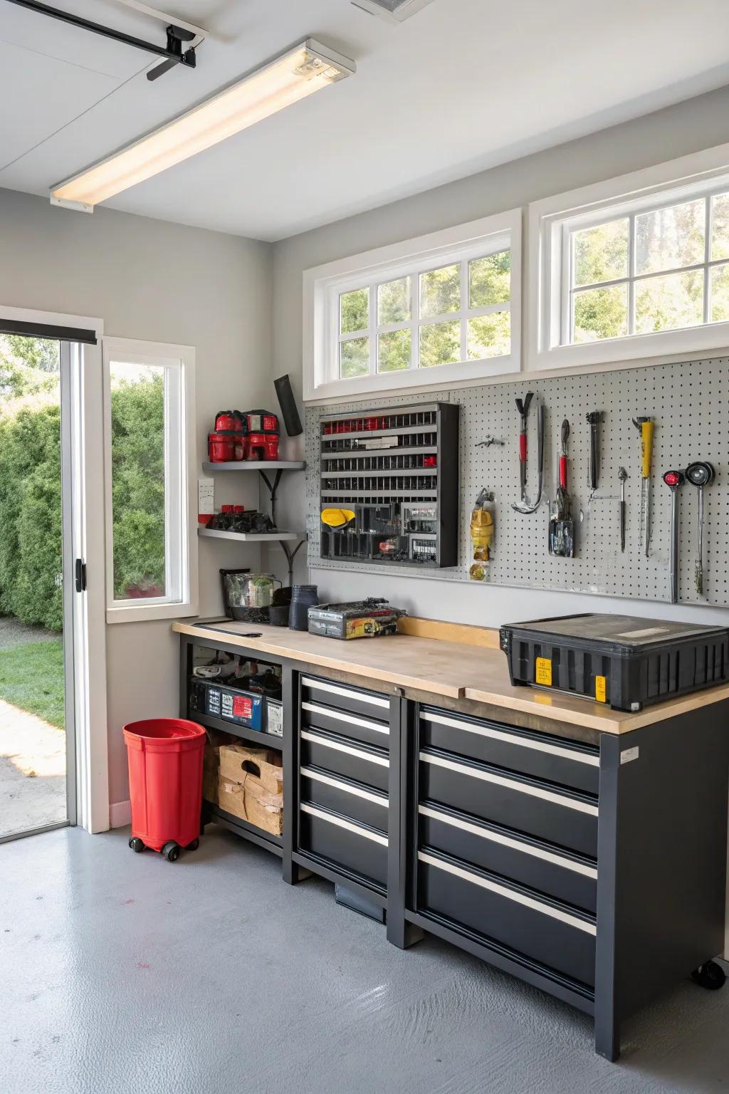 A workbench offers a place to work on projects.