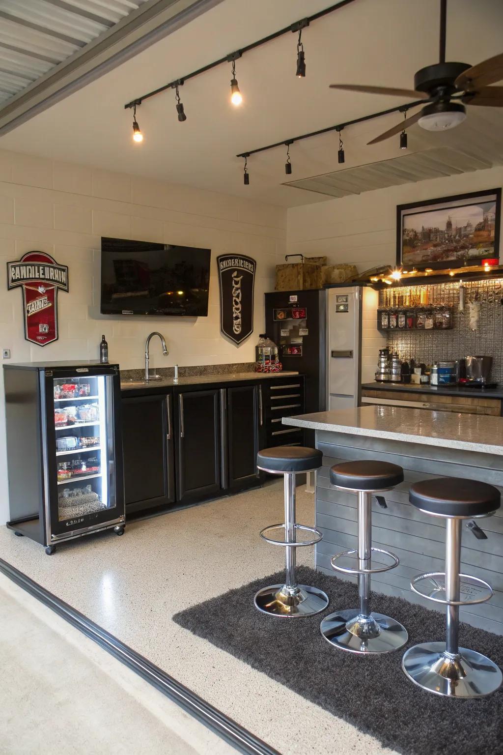 A stylish and sophisticated bar setup for your garage man cave.