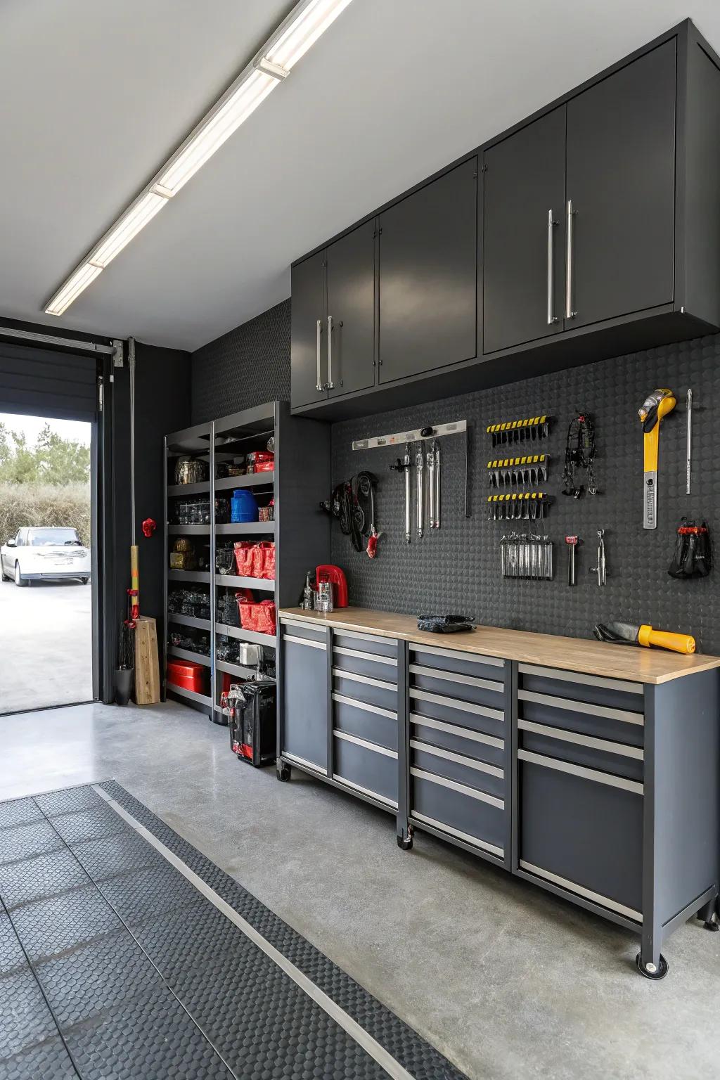 Your garage gains an industrial chic aesthetic with charcoal gray.