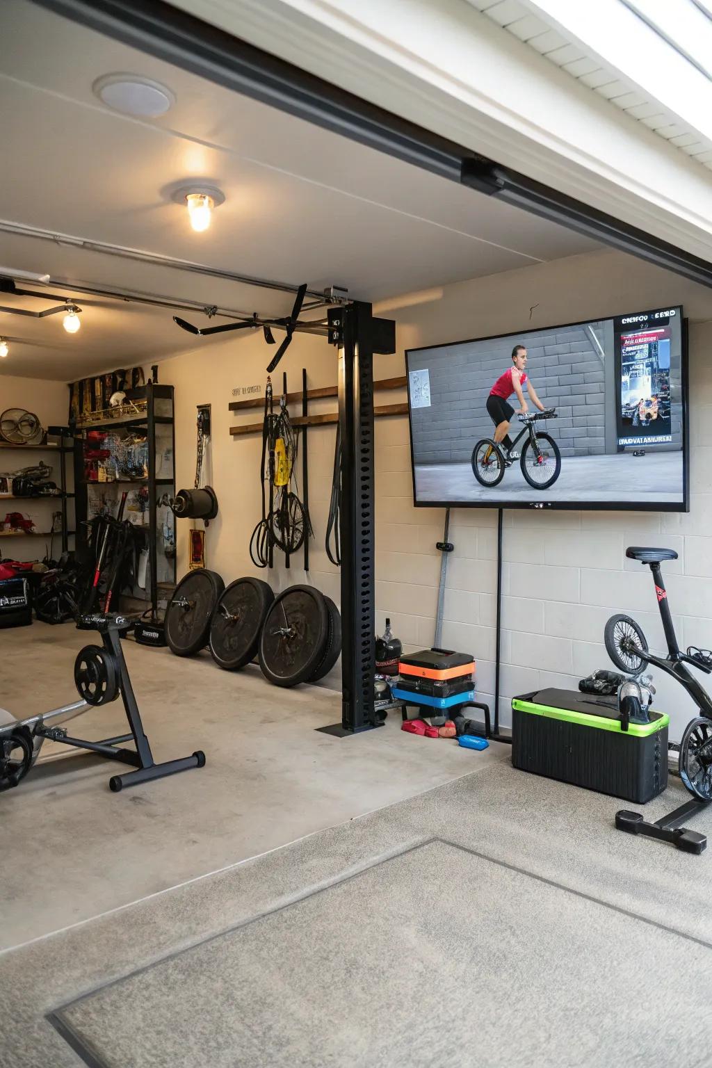 Maintain motivation in your fitness zone with a TV displaying workout videos.