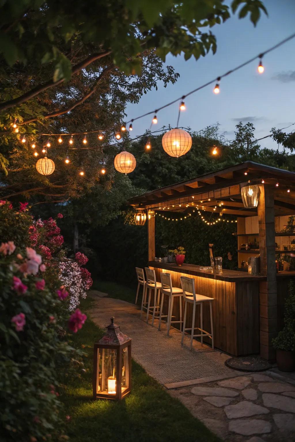 A garden bar aglow with ambient lighting.
