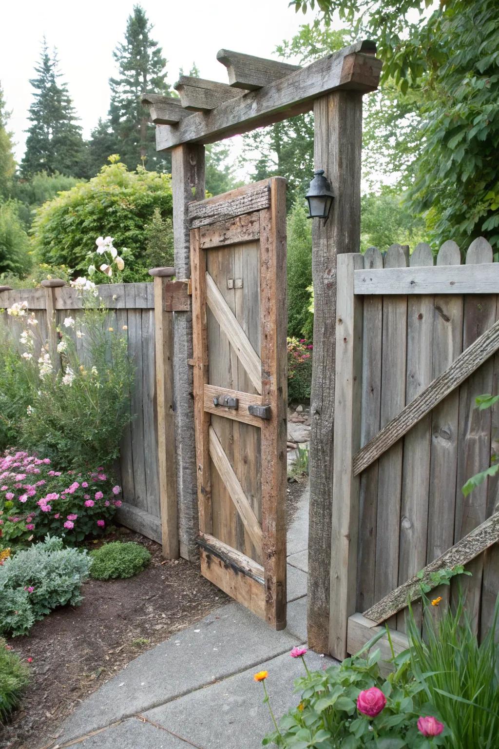 Handmade salvaged stable wood access adds a personal touch to your garden.