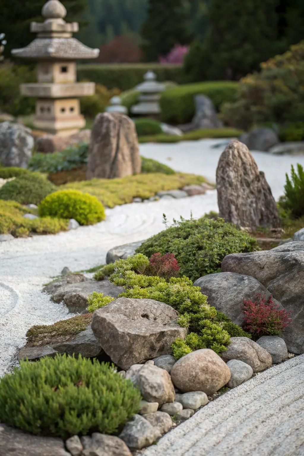 A stone garden featuring stones of varied sizes, interspersed with rich greenery.