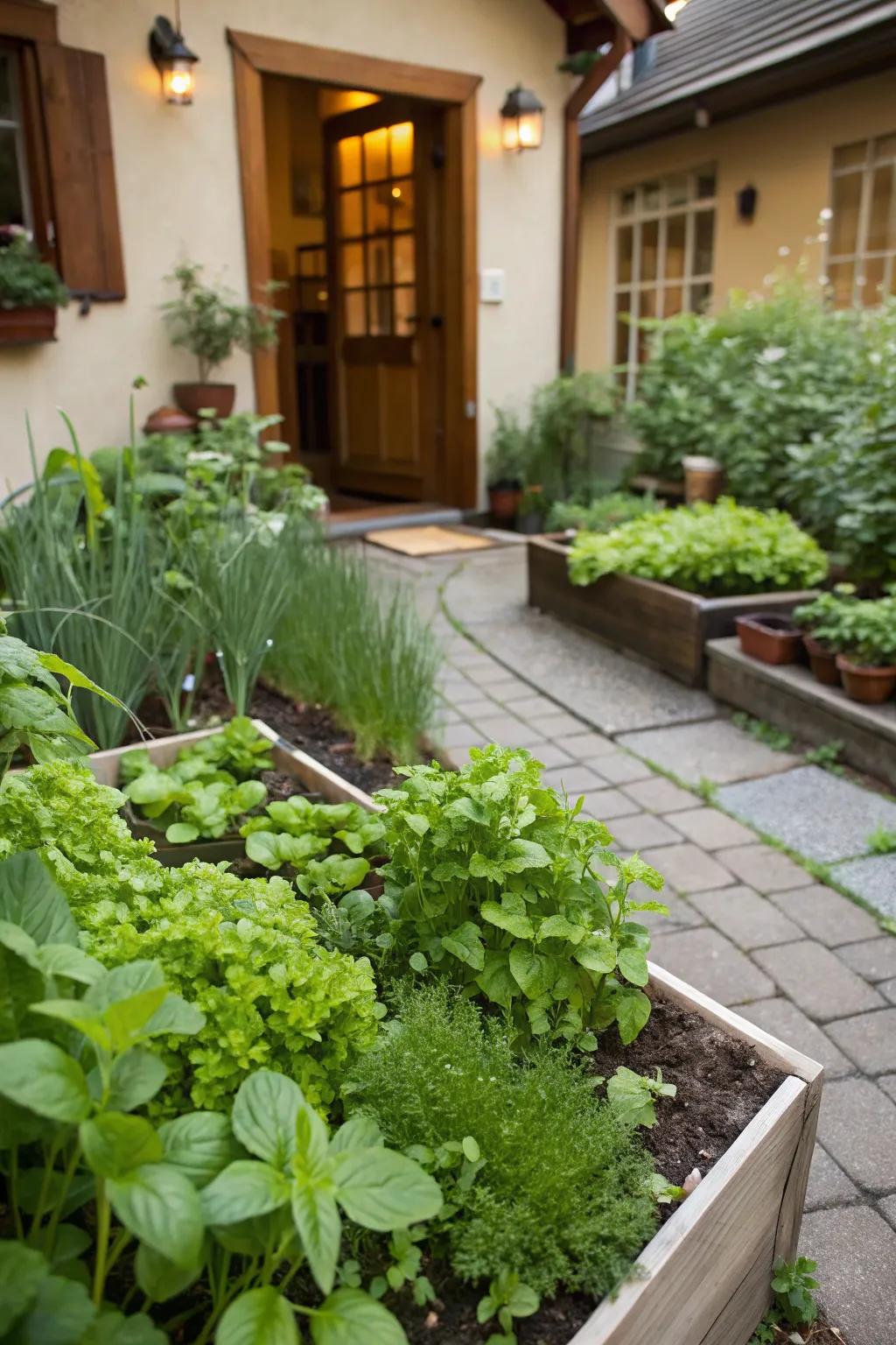A convenient culinary flowerbed with fresh herbs and greens.