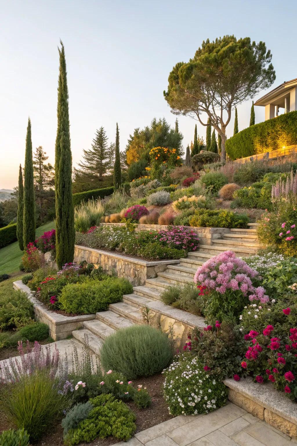 Structured planting crafts a lush and diverse garden panorama.