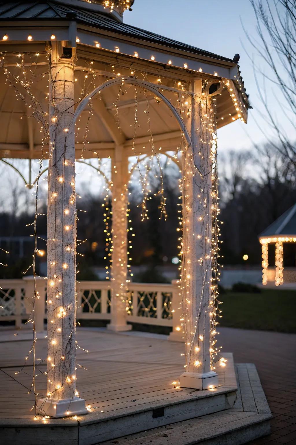 Sprite lights enmeshed around gazebo pillars, imparting a touch of whimsy.