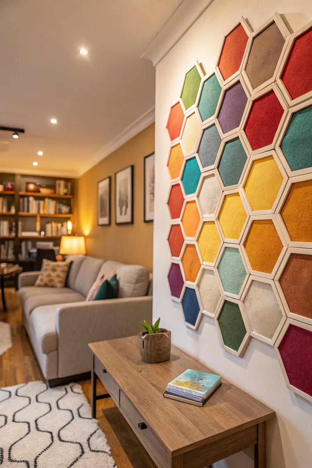 Hexagonal compositions engender a harmonious and playful atmosphere.