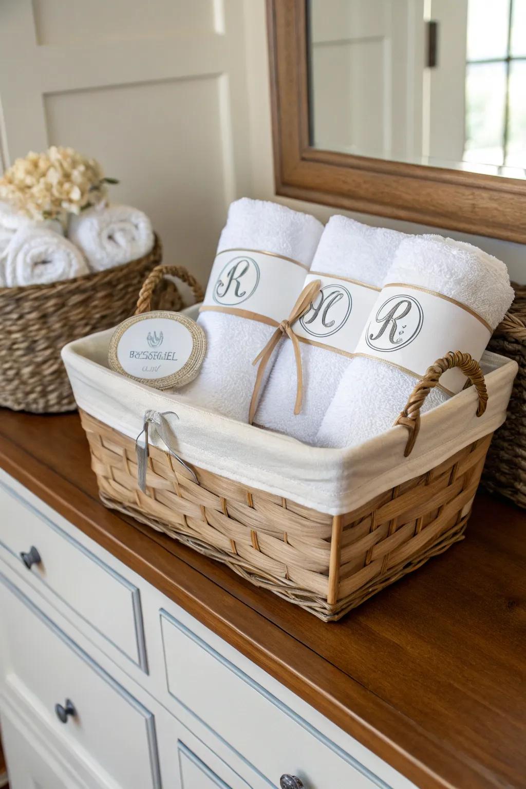 A personalized treasure-filled basket showcasing monogrammed treasures.